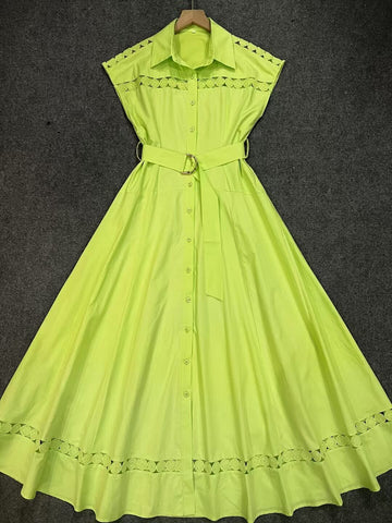 Spring And Summer Holiday Wind Collar Lace Splicing Hollow Belt Shirt Dress Dress